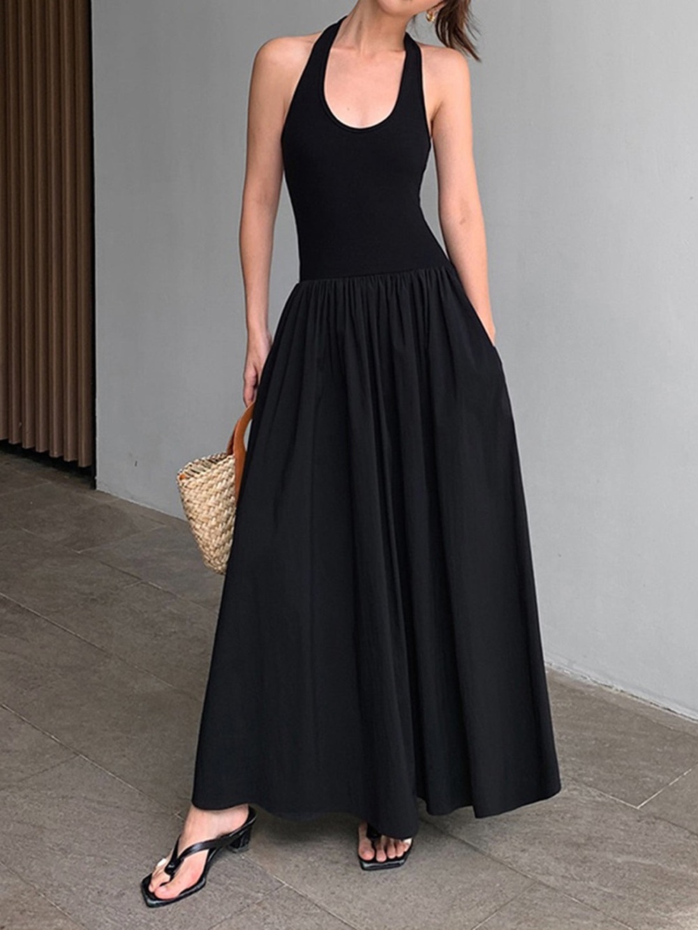 Commense Minimalist Halter Backless Long Black Dress size Large. New with tag